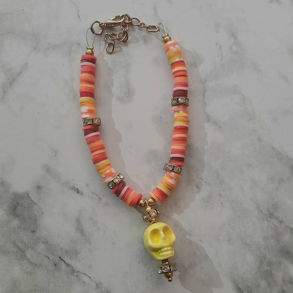 Colorful Beaded Bracelet with Skull Pendant